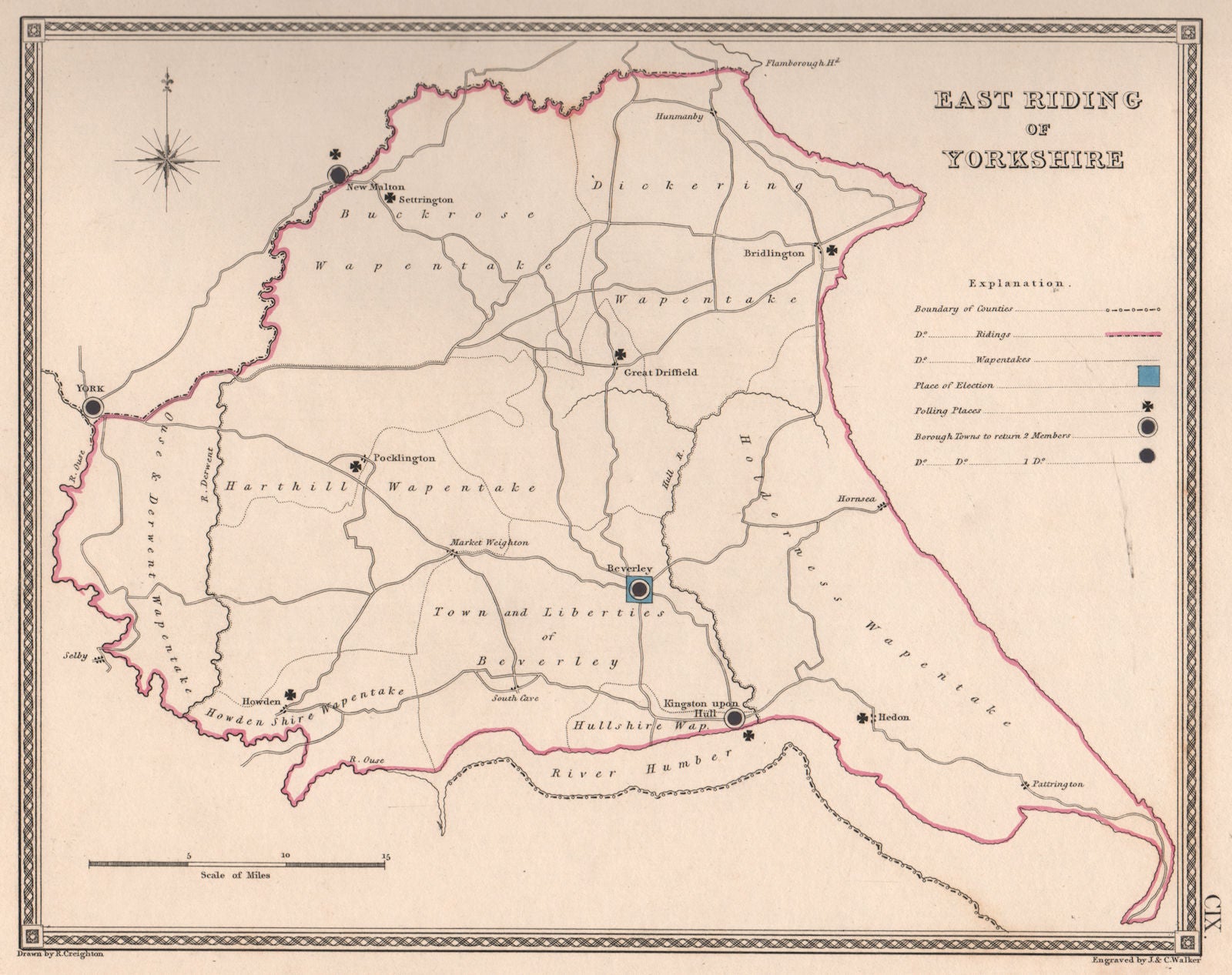 EAST RIDING OF YORKSHIRE antique county map by CREIGHTON/WALKER. Electoral 1835